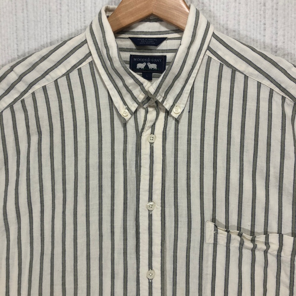 Woods & Gray Striped Short Sleeve Button Down Shirt Linen Cotton Blend Size‎ L